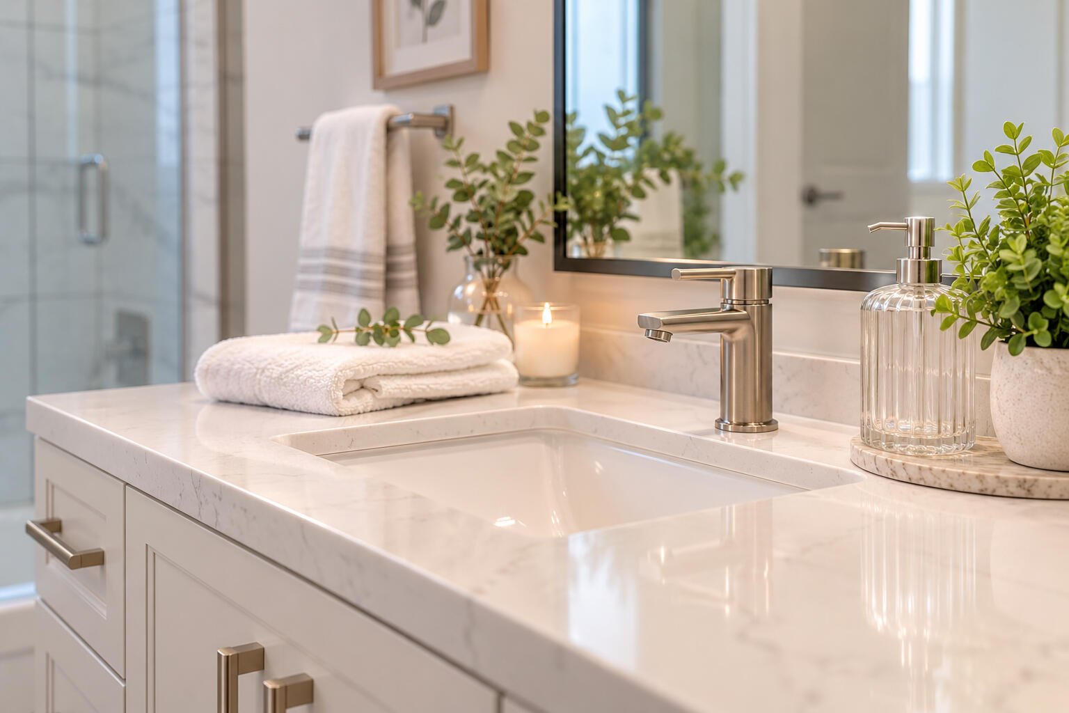 Spotless bathroom vanity, sink and mirror after professional cleaning